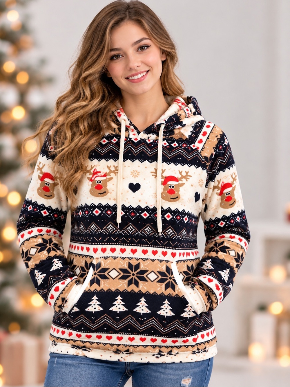No Boundaries Christmas Reindeer Fair Isle Hoodie Juniors M 7-9 NWOT